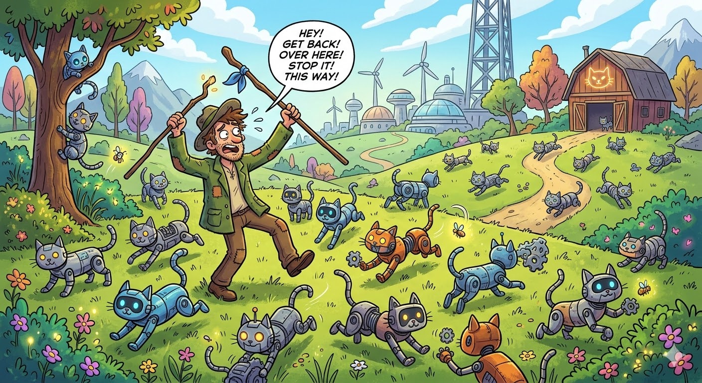 Unsuccessfully herding robot cats