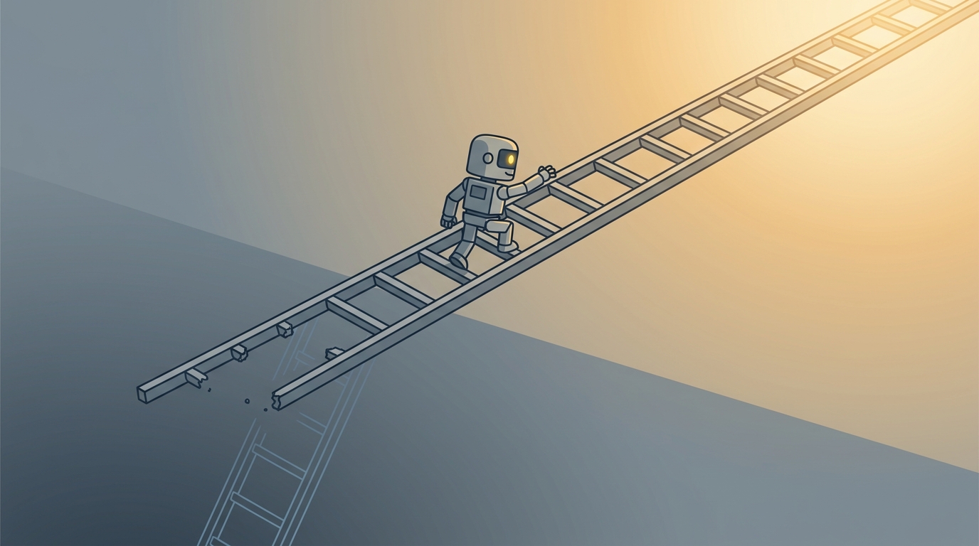 A small robot climbing a long ladder whose lowest rungs are broken away